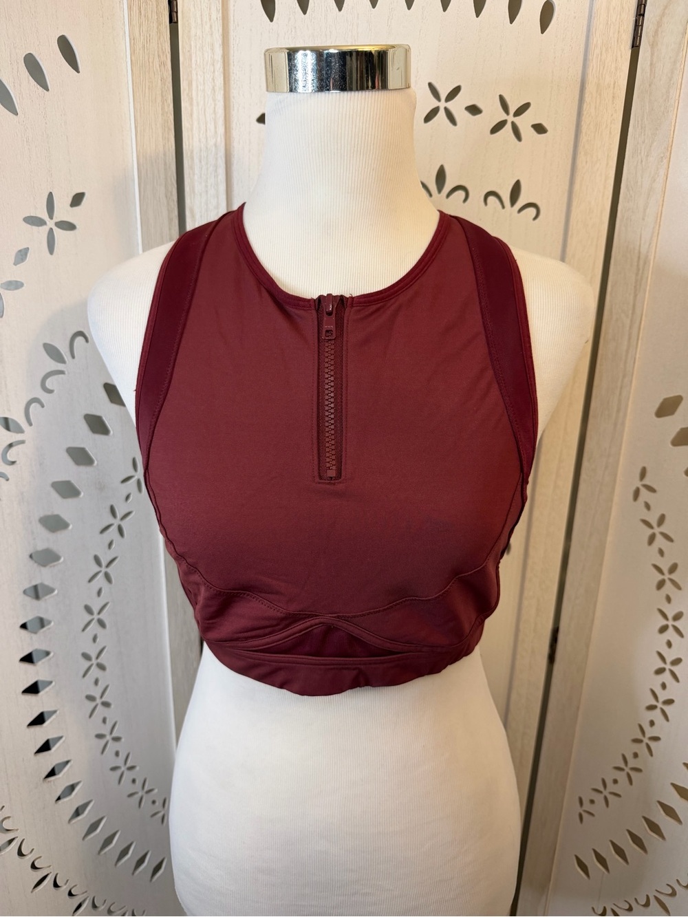 Fabletics High Neck Zip Front Athletic Sports Bra Crop Top - Deep Wine